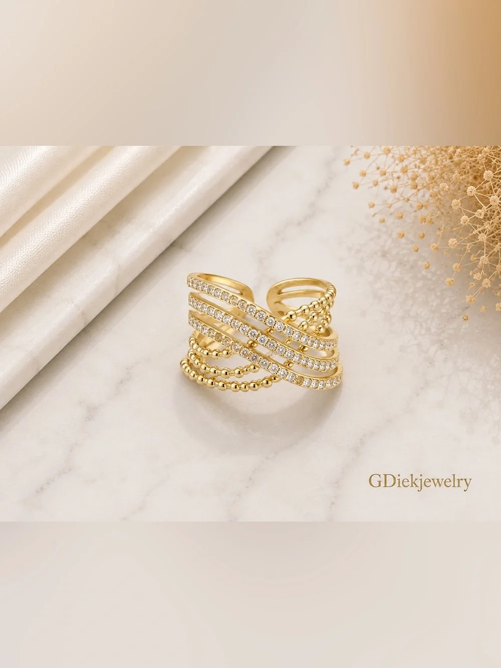 Goldfilled Multi-Row Cubic Zirconia Adjustable  Band Ring